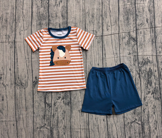 1.31 BSSO0380 Sample No Moq Embroidery Horse Baby Boys Stripe Shirts Top Shorts Western Clothes Sets