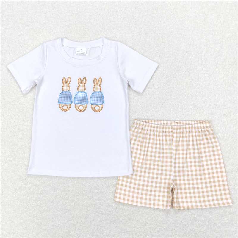 6.11   BSSO0383 RTS NO MOQ Baby Boys Summer Boys Outfits Baby Boys Toddler Easter Rabbits Khaki Shorts Clothes Sets