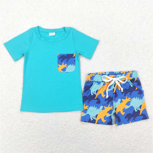 4.26 BSSO0444 RTS NO MOQ Short sleeves pocket top dinosaur shorts boys outfits