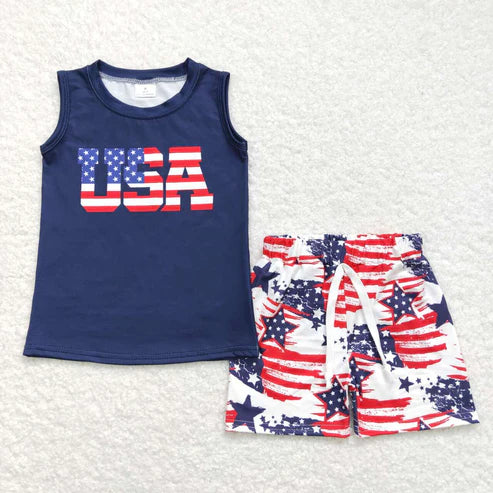11.8 RTS Sibling Baby Boys 4th Of July Stars Sleeveless Tee Shirts Shorts Sets