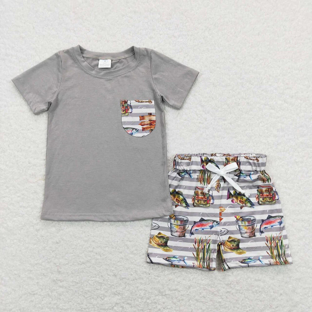 12.4 RTS Sibling Baby Boys Fishing Zip Rompers Outfits Sets