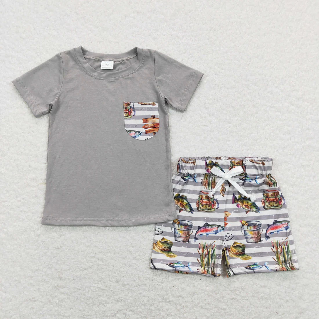 12.19 RTS Sibling Baby Boys Short Sleeve Dogs Ducks Fishing Pocket Top Shorts Hunting Clothes Sets
