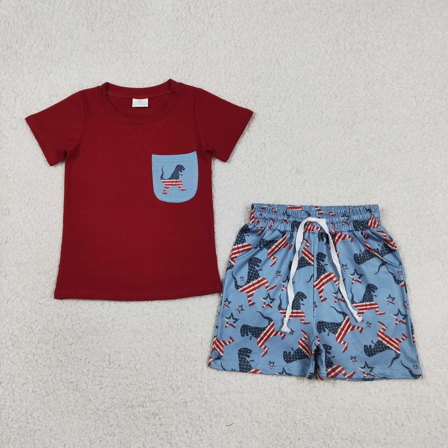 BSSO0519 RTS NO MOQ （In stock ）Red pocket top dinosaur shorts boys 4th of july clothes
