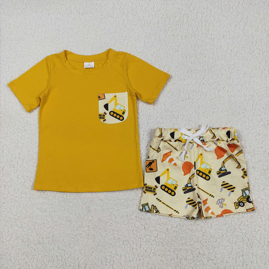 8.11    BSSO0529RTS NO MOQ Baby Boys Summer Boys Outfits Baby Boys Tractor Pocket Tee Shirts Shorts Clothes Sets