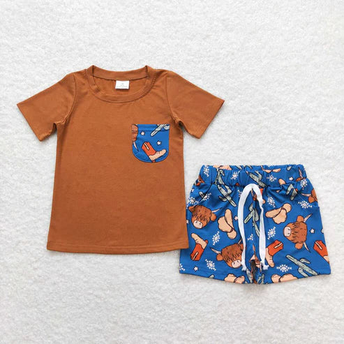 11.15 RTS Sibling Baby Boys Western Cow Pocket Top Shorts Clothes Sets