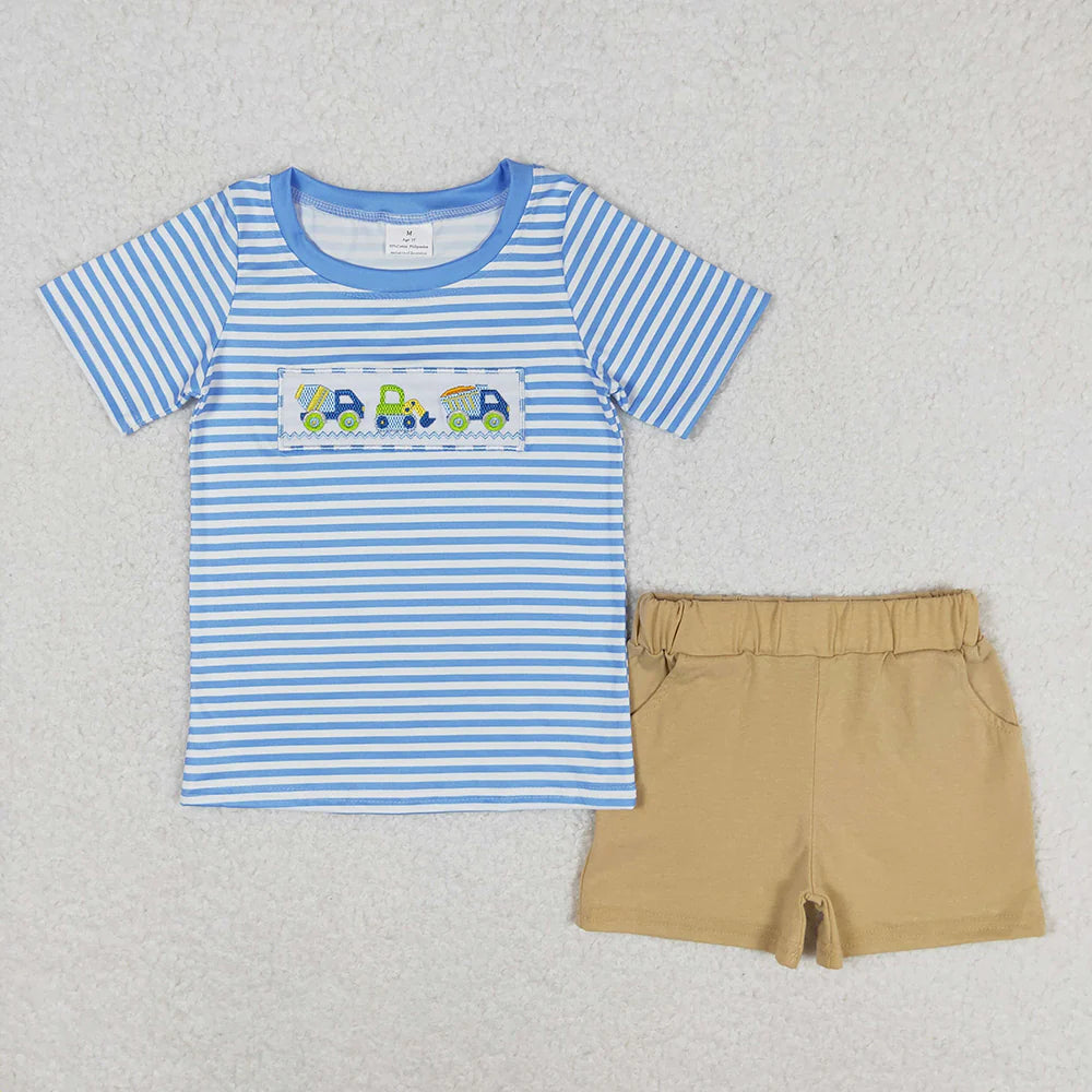 12.8 RTS Sibling Embroidery Baby Boys Constructions Rompers Summer Outfits Sets