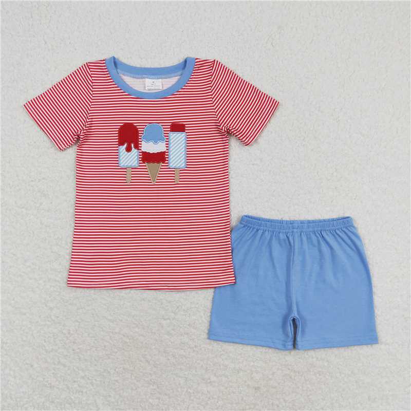 4.18 RTS NO MOQ Red Stripe Popsicle Top Shorts Set for Boys 4th of July Patriotic Outfit Kids American Flag Clothing
