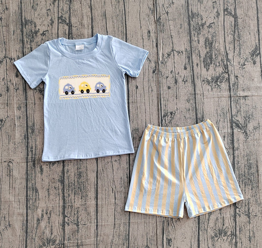 3.10 BSSO0617 Sample No Moq Summer Baby Boys Embroidery Cars Blue Shirt Top Stripe Shorts Clothes Sets