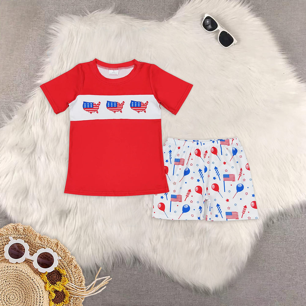 8.01   Sibling Red top balloon flag shorts boys and girls 4th of july clothes rompers