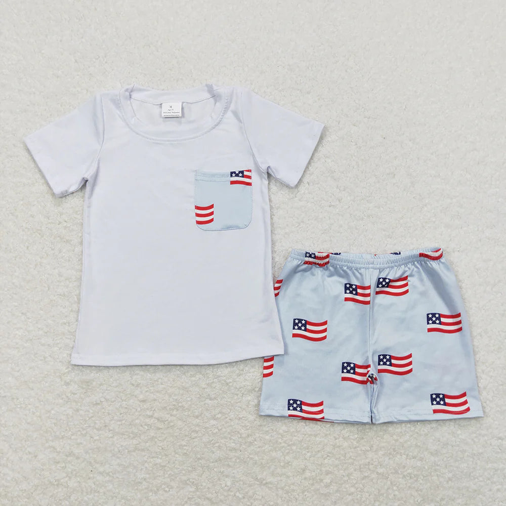 11.14 RTS 2 Colors Sibling Baby Boys 4th of July Flags Pocket Shirts Shorts Outfits