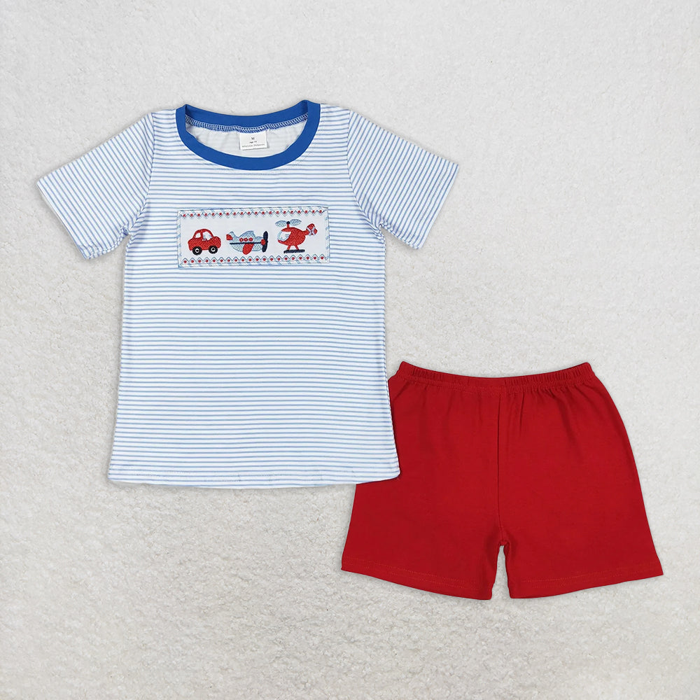 7.16 RTS NO MOQ Blue stripe transportation shirt red shorts boys clothes rompers