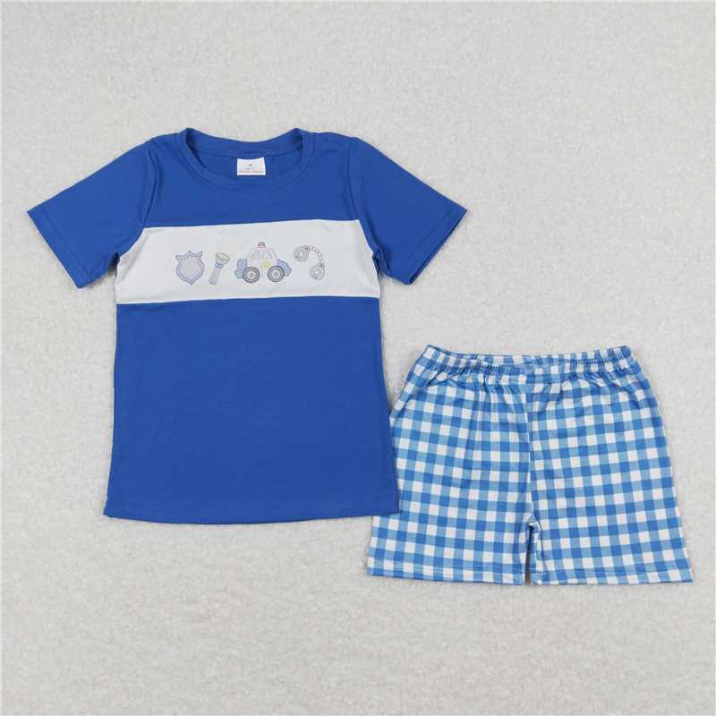 7.14 RTS NO MOQ Blue police car top plaid shorts boys and girls clothes