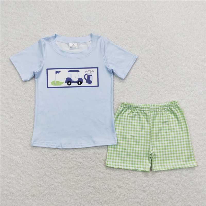 7.16  RTS NO MOQ Light blue golf top plaid shorts boys summer clothing rompers