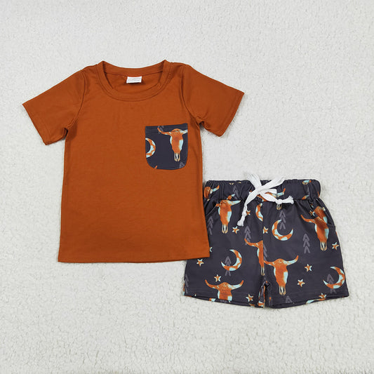 8.11  BSSO0758 RTS NO MOQ  Baby Boys Summer Boys Outfits Baby Boys Brown Shirt Top Cow Stars Western Shorts Clothes Sets
