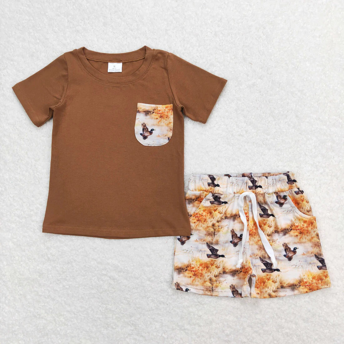 12.19 RTS Sibling Baby Boys Short Sleeve Dogs Ducks Fishing Pocket Top Shorts Hunting Clothes Sets