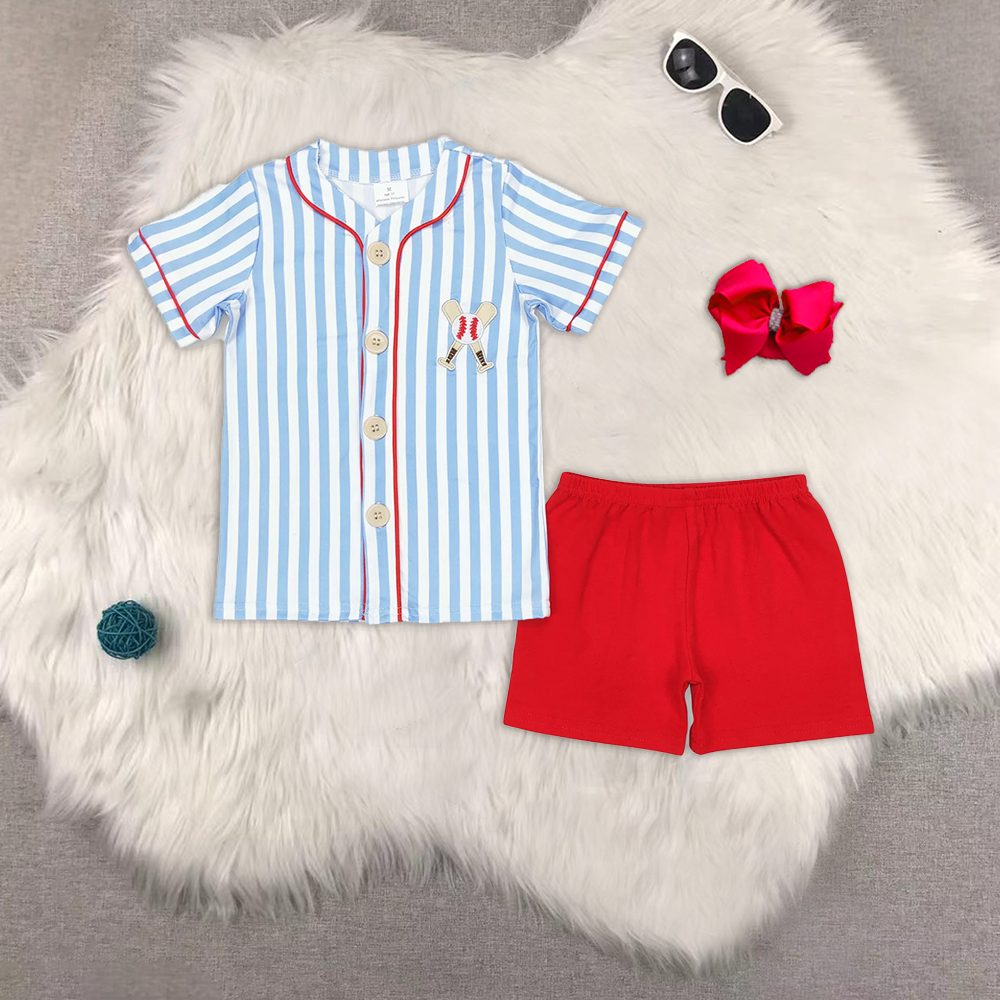 8.01   Sibling Short sleeves stripe baseball kids boys and girls clothing set rompers