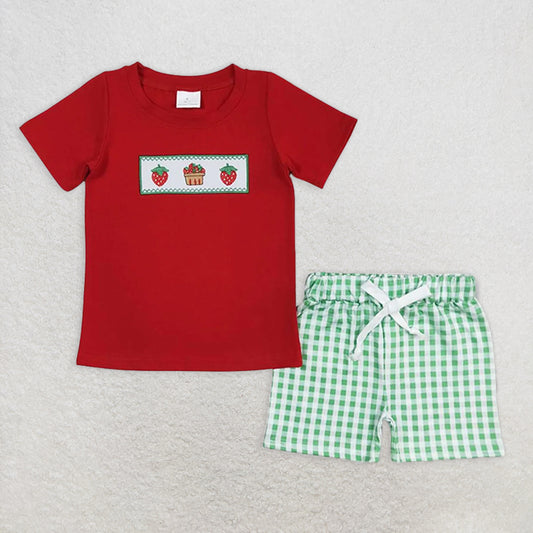 BSSO0810 RTS NO MOQ Baby Boys Summer Boys Outfits Baby Boys Red Strawberry Cake Shirt Top Shorts Clothes Sets