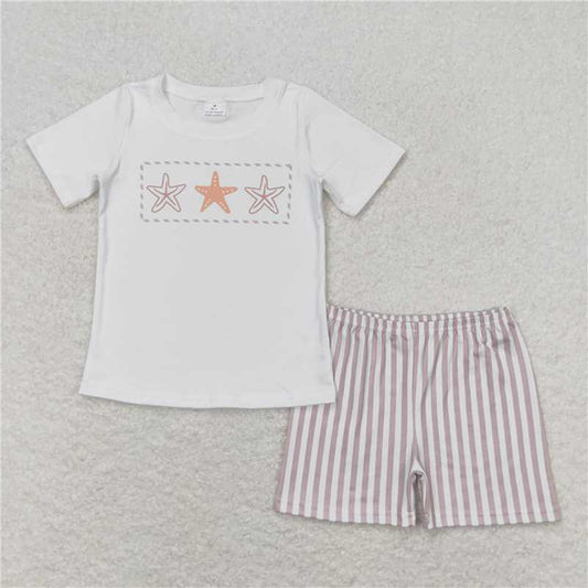 5.19 BSSO0826  RTS NO MOQ White starfish top stripe shorts boys summer outfits