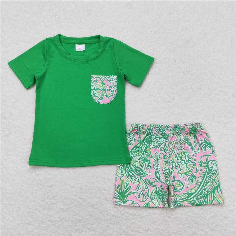 7.19  RTS NO MOQ Baby Boys Summer Boys Outfits Baby Boys Blue Top Floral Shorts Set