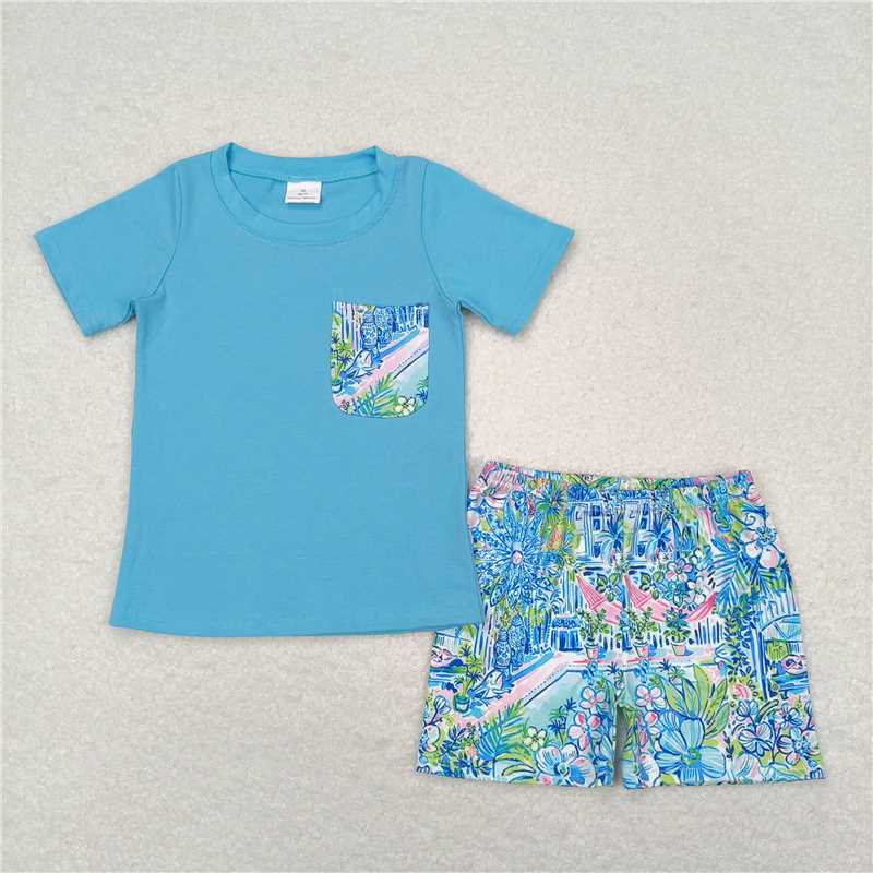 7.19  RTS NO MOQ Baby Boys Summer Boys Outfits Baby Boys Blue Top Floral Shorts Set