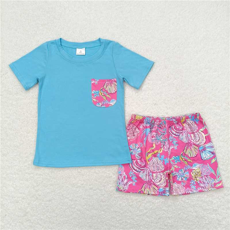 7.19  RTS NO MOQ Baby Boys Summer Boys Outfits Baby Boys Blue Top Floral Shorts Set