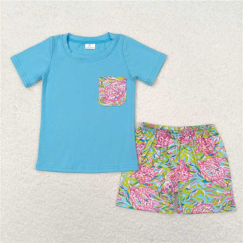 7.19  RTS NO MOQ Baby Boys Summer Boys Outfits Baby Boys Blue Top Floral Shorts Set