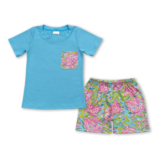 RTS Sibling Blue pocket watercolor turtle shorts boys summer outfits