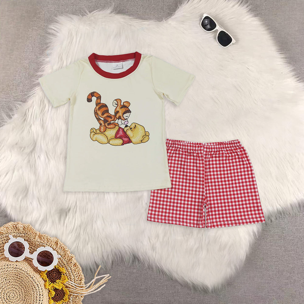 8.13  RTS Sibling Short sleeves bear top plaid shorts boys and girls clothes rompers