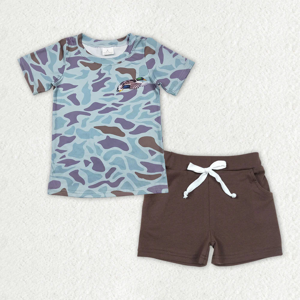 12.19 RTS Sibling Baby Boys Short Sleeve Dogs Ducks Fishing Print Top Shorts Hunting Clothes Sets