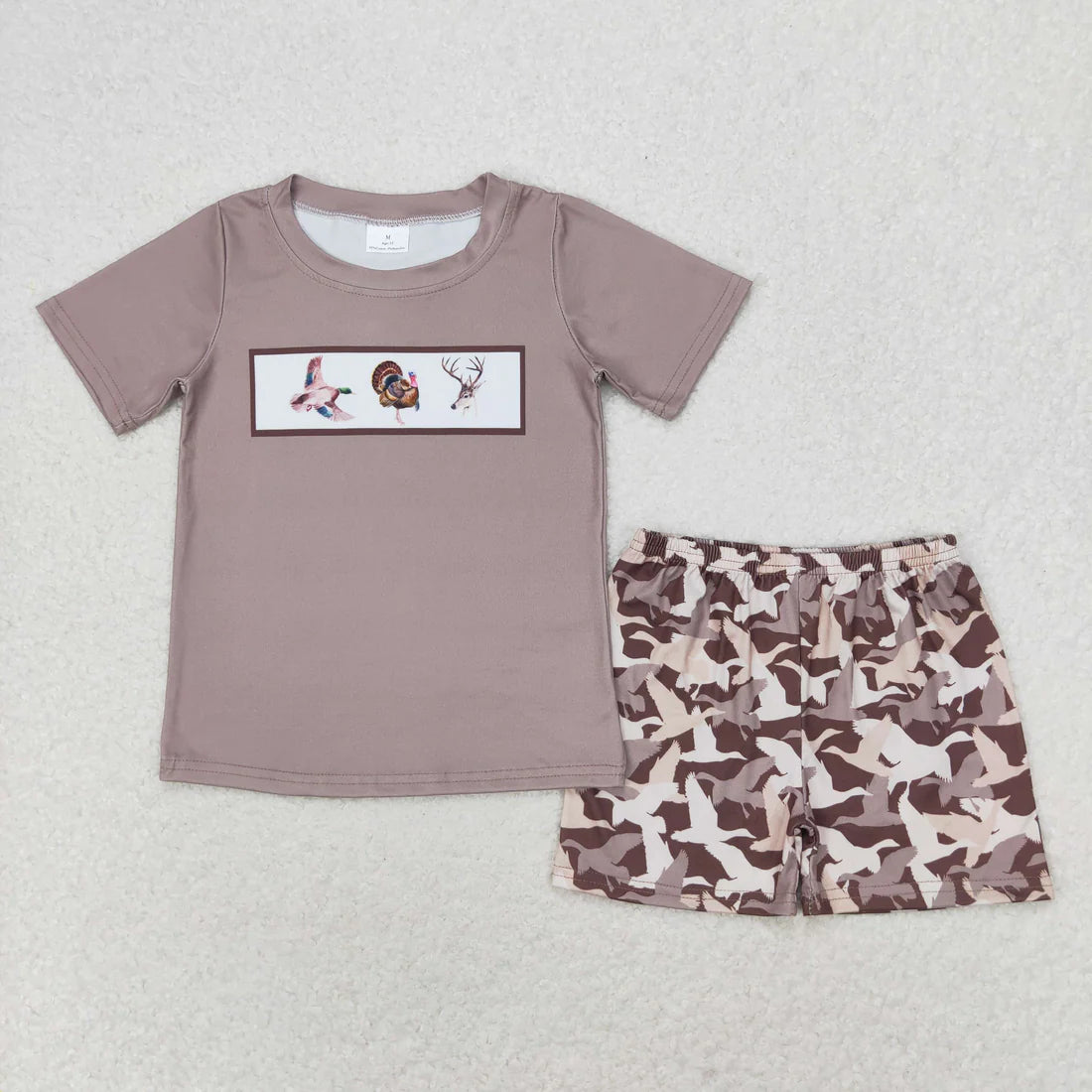 12.19 RTS Sibling Baby Boys Short Sleeve Dogs Ducks Fishing Print Top Shorts Hunting Clothes Sets