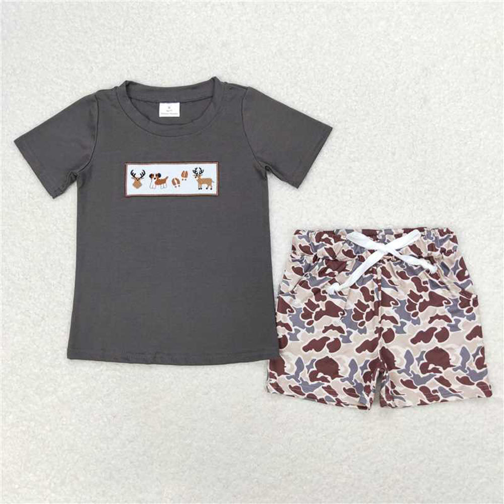 5.19  BSSO0969  RTS NO MOQ Deer dog top camo shorts kids boys clothing