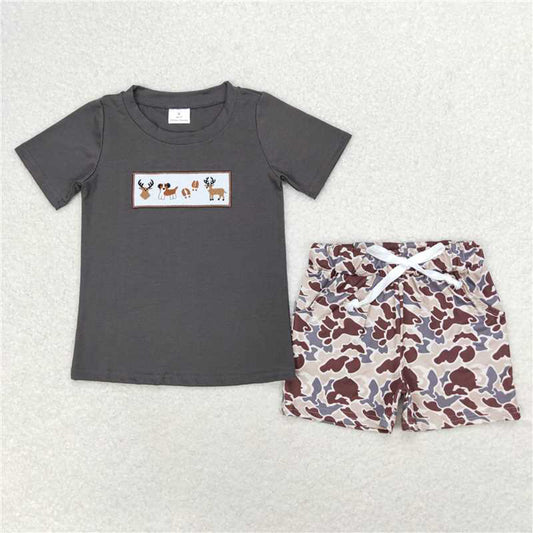 5.19  BSSO0969  RTS NO MOQ Deer dog top camo shorts kids boys clothing
