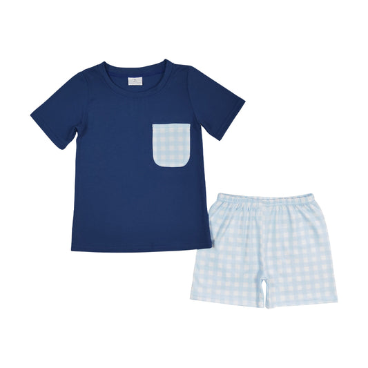 10.23 (Pre Order) No moq BSSO0992 PRE-ORDER Baby Boys Navy Shirt Top Checkered Shorts Clothes Sets
