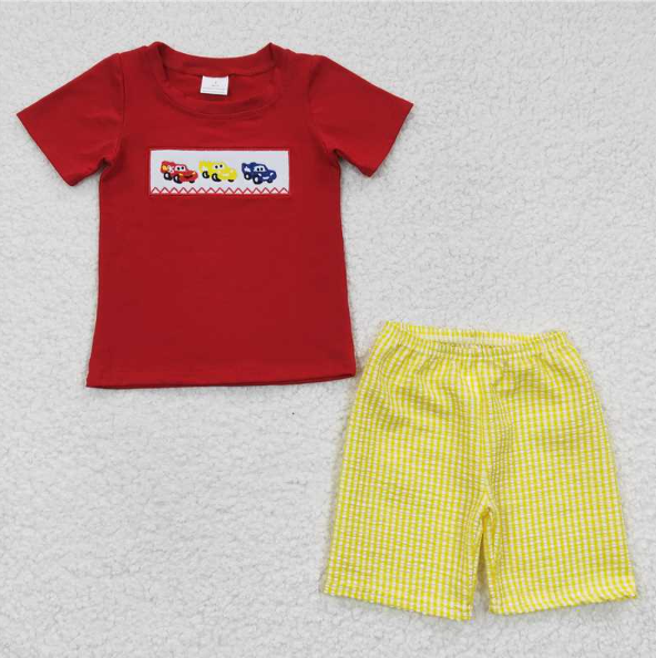 4.26 RTS NO MOQ Girls Red Car Bleached Shirt And Bell Bottom Pants Clothing Set Cute Retro Style Outfit for Kids