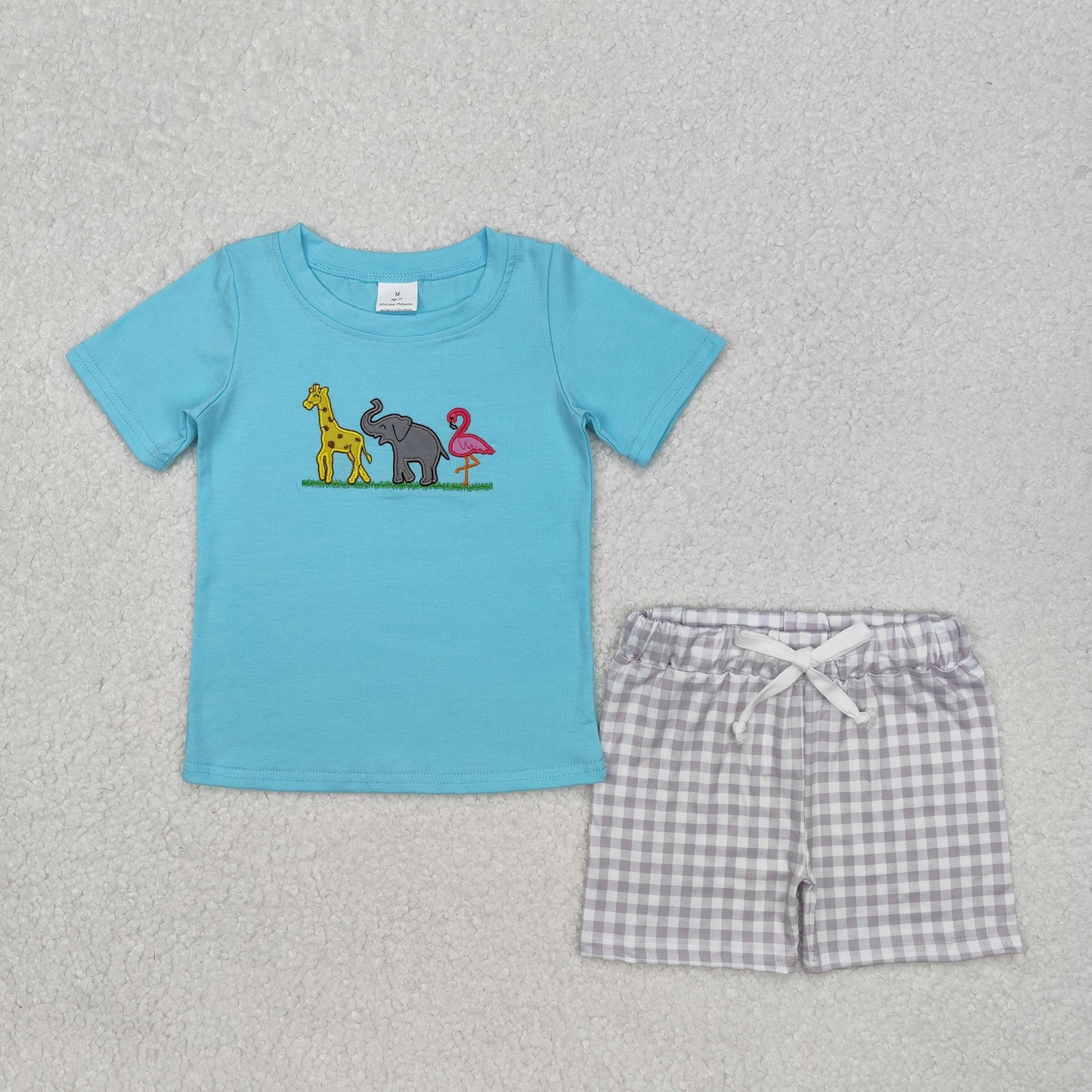 BSSO1019Giraffe elephant flamingo top plaid shorts boys clothing
