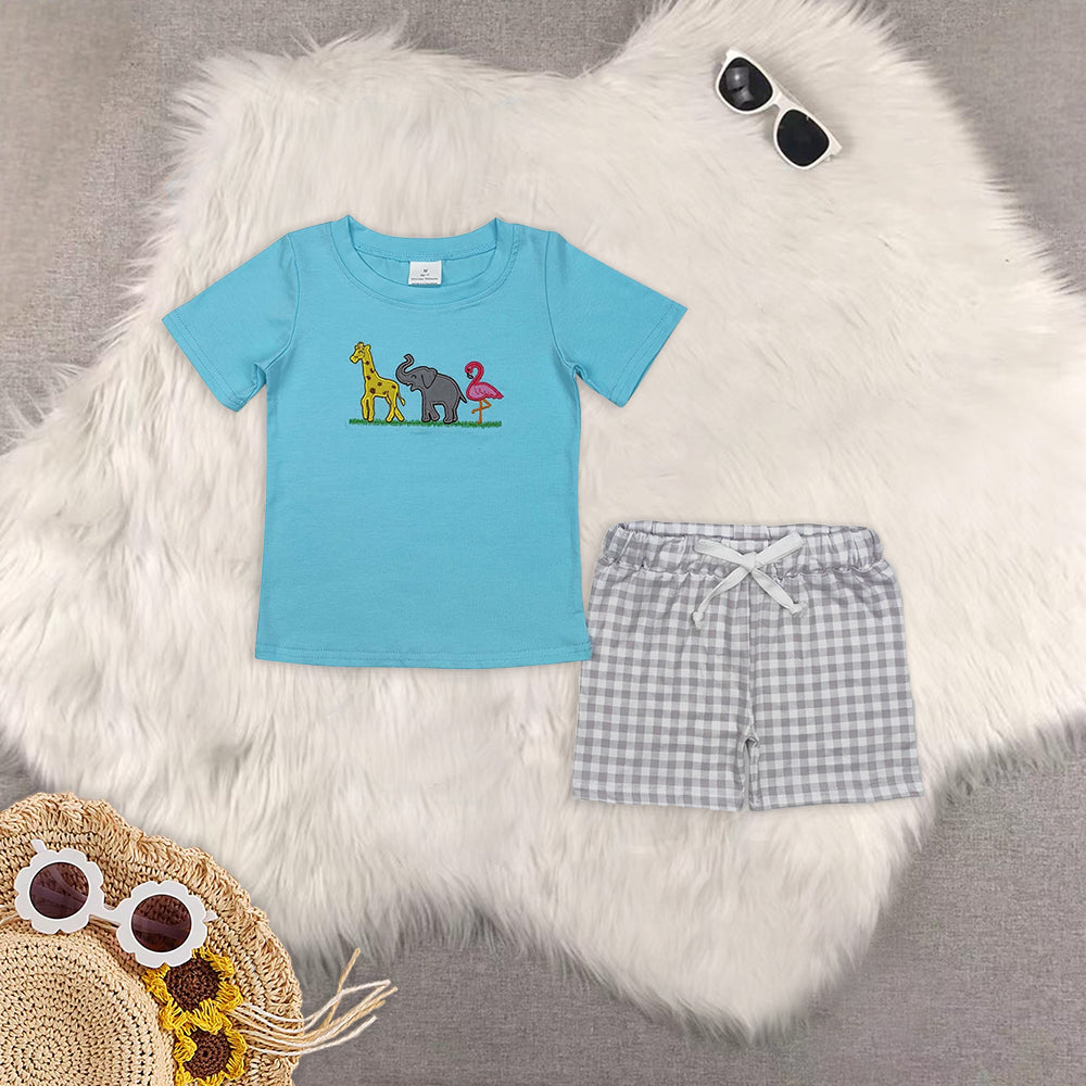 8.16  RTS Sibling Giraffe elephant flamingo top plaid shorts boys clothing rompers