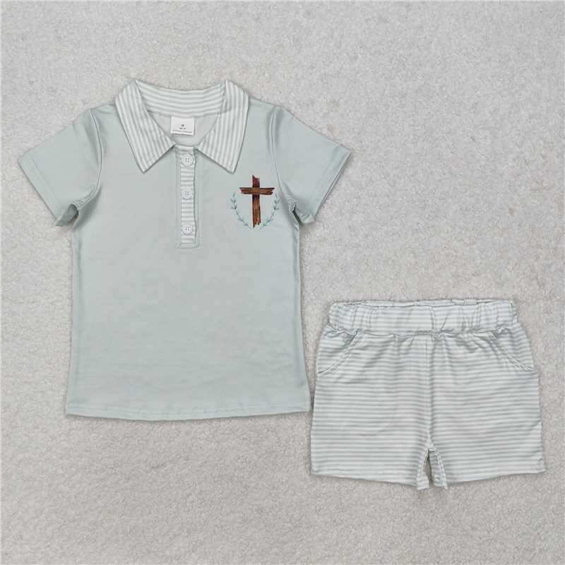BSSO1025RTS NO MOQ Baby Boys Summer Boys Outfits Baby Boys Easter Cross Tee Shorts Clothes Sets