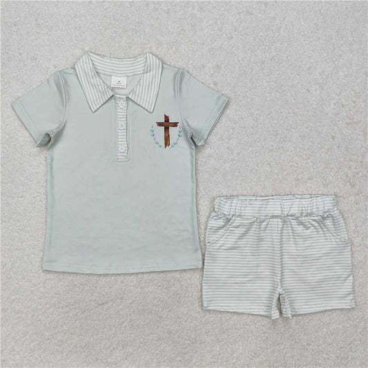 BSSO1025RTS NO MOQ Baby Boys Summer Boys Outfits Baby Boys Easter Cross Tee Shorts Clothes Sets