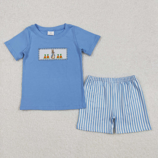 BSSO1026Adorable Boys’ Easter Shorts Set in Light Blue with Rabbit and Carrot Top Stripes