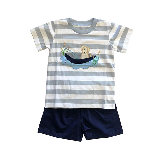 Baby Boys Grey Stripes Dog Fishing Top Shorts Clothing Sets Preorder BSSO1043