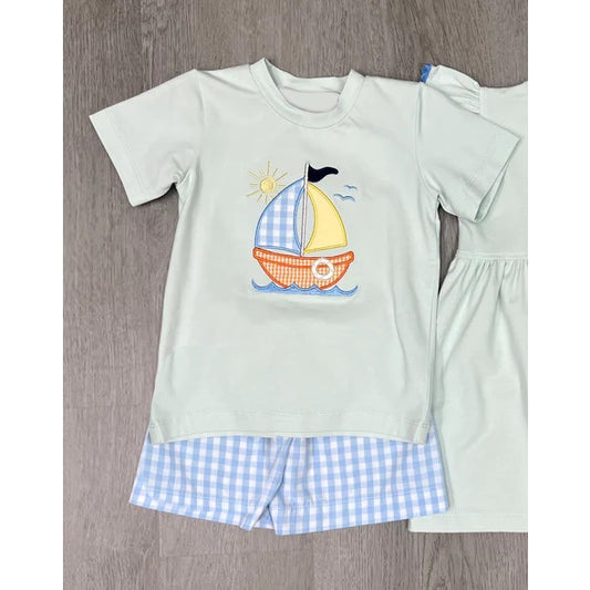 Baby Boys Sailboat Tee Shirts Checkered Shorts Clothing Sets Preorder BSSO1048