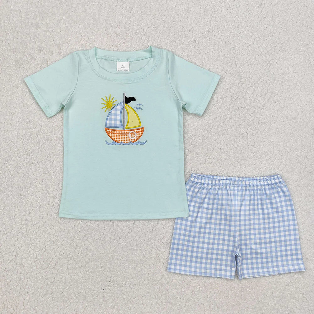 1.14 RTS Sibling Girls Baby Boys Sailboat Embroidery Summer Dresses Clothing Sets