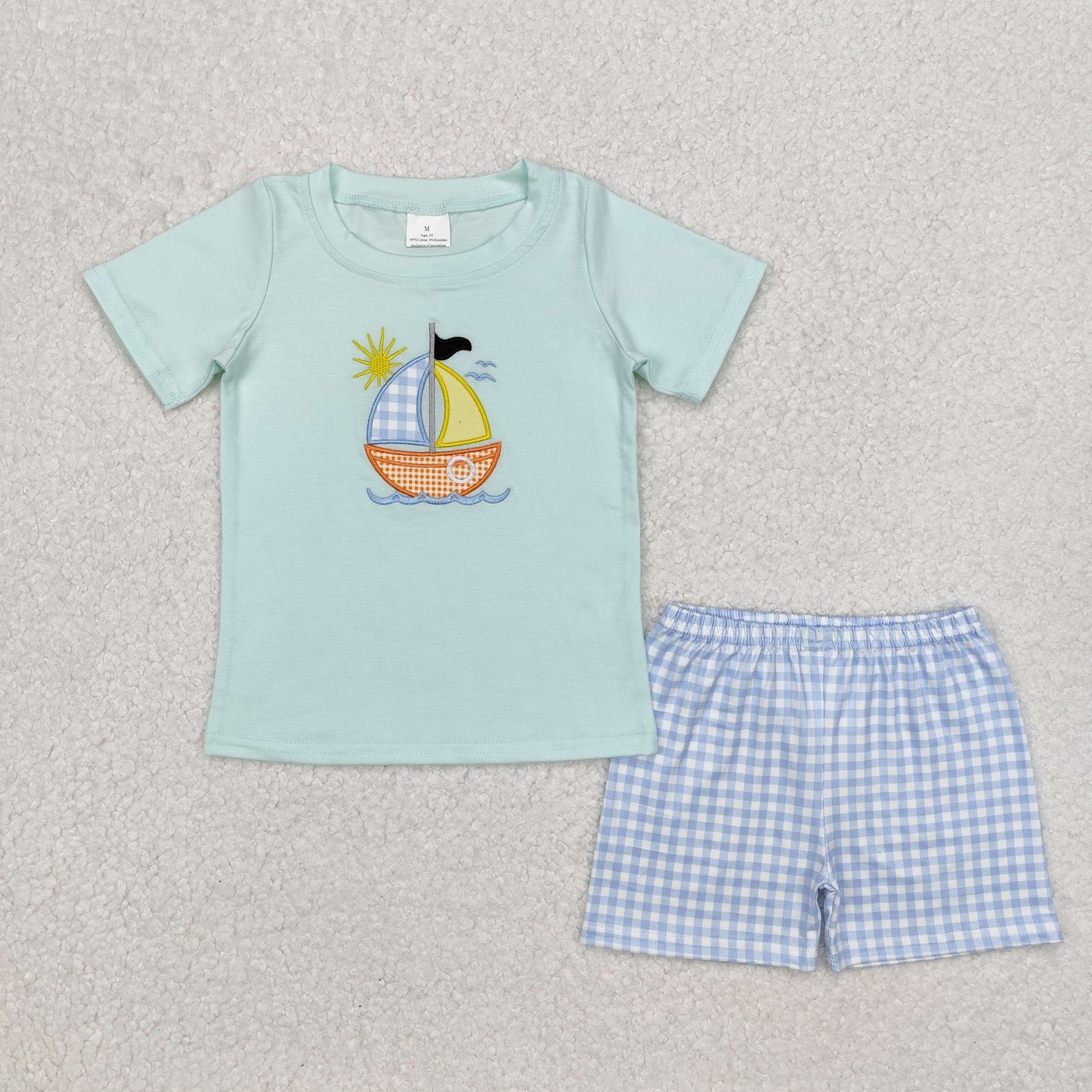 BSSO1048Short sleeves boat top light blue plaid shorts boys clothing