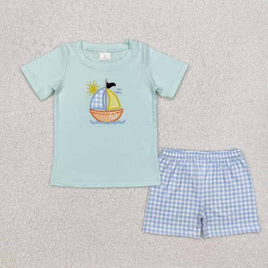 BSSO1048Short sleeves boat top light blue plaid shorts boys clothing