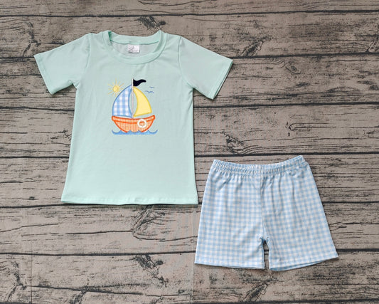 BSSO1048 Baby Boys Sailboat Tee Shirts Checkered Shorts Clothing Sets Preorder