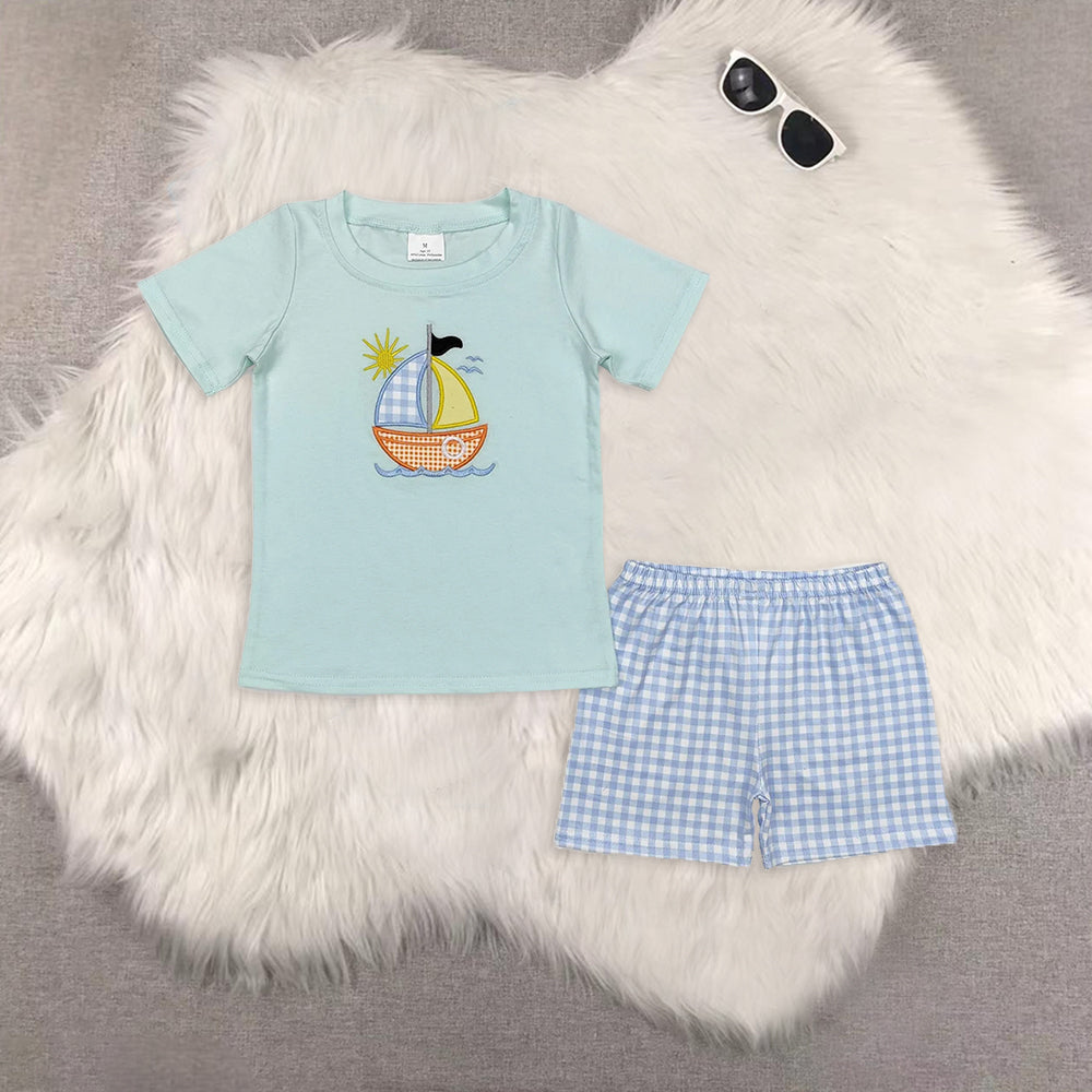 8.16 RTS Sibling Short sleeves boat top light blue plaid shorts boys clothing dress