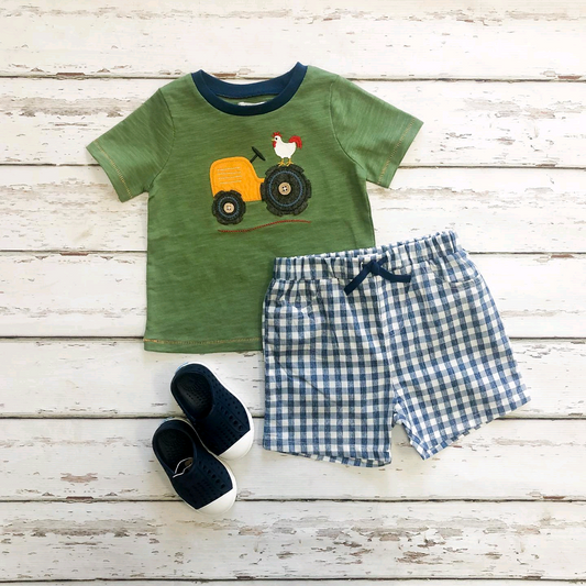 BSSO1051 Baby Boys Farm Chicken Truck Shirts Checkere Shorts Clothing Sets Preorder
