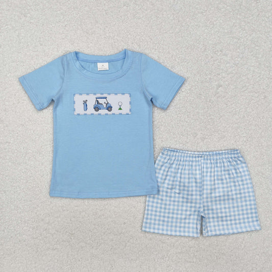 BSSO1052 Light blue golf top plaid shorts kids boys clothing