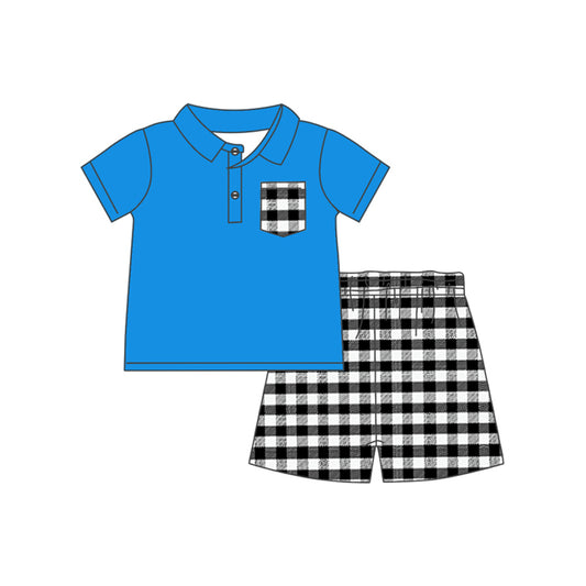 BSSO1056 Baby Boys Blue Buttons Top Black Checkered Shorts Clothes Sets Preorder