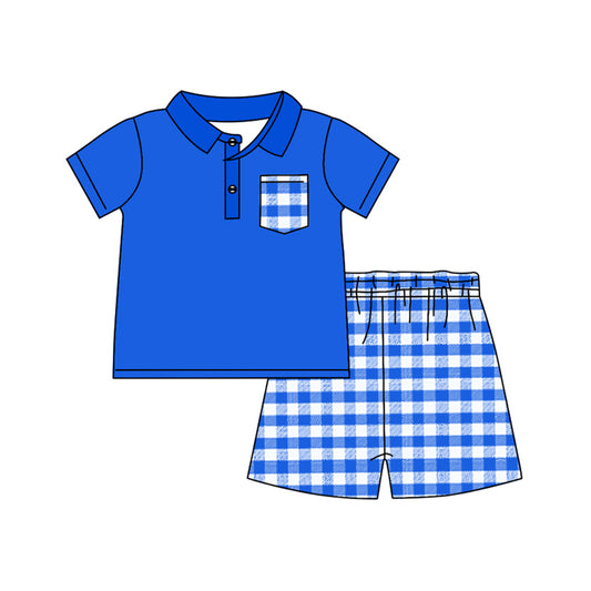 BSSO1057 Baby Boys Blue Buttons Top Checkered Shorts Clothes Sets Preorder